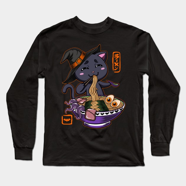 Halloween Kawaii chibi Ramen Magical Witch Black cat monster design Long Sleeve T-Shirt by JustJoshDesigns